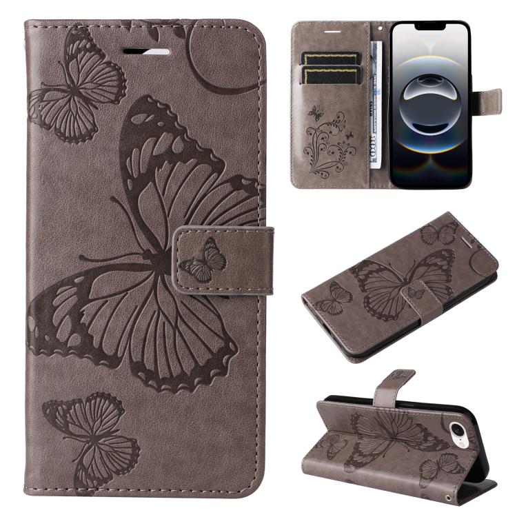 For iPhone 16e 3D Butterfly Embossed Pattern Flip Leather Phone Case(Grey) by bashfashion