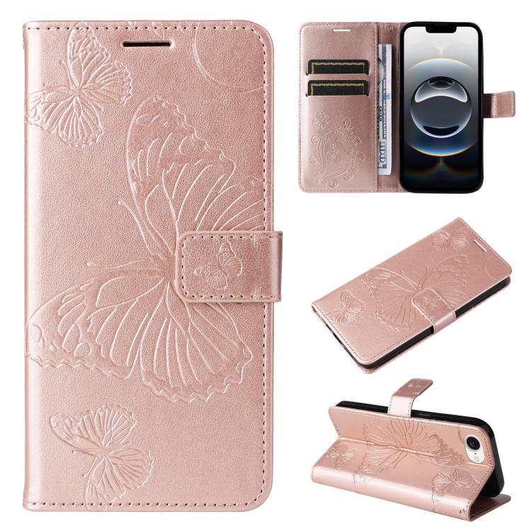 For iPhone 16e 3D Butterfly Embossed Pattern Flip Leather Phone Case(Rose Gold) by bashfashion