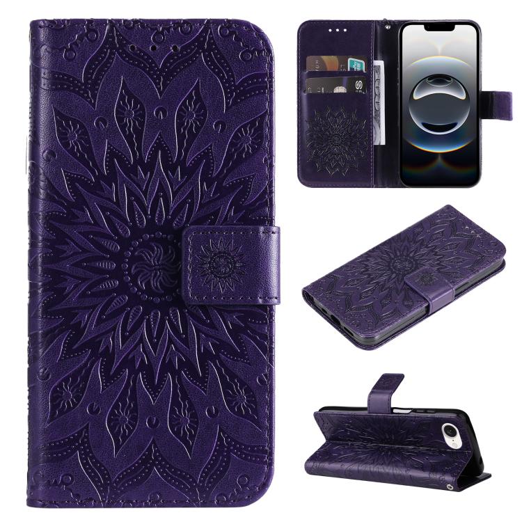 For iPhone 16e Embossed Sunflower Pattern Flip Leather Phone Case(Purple) by bashfashion
