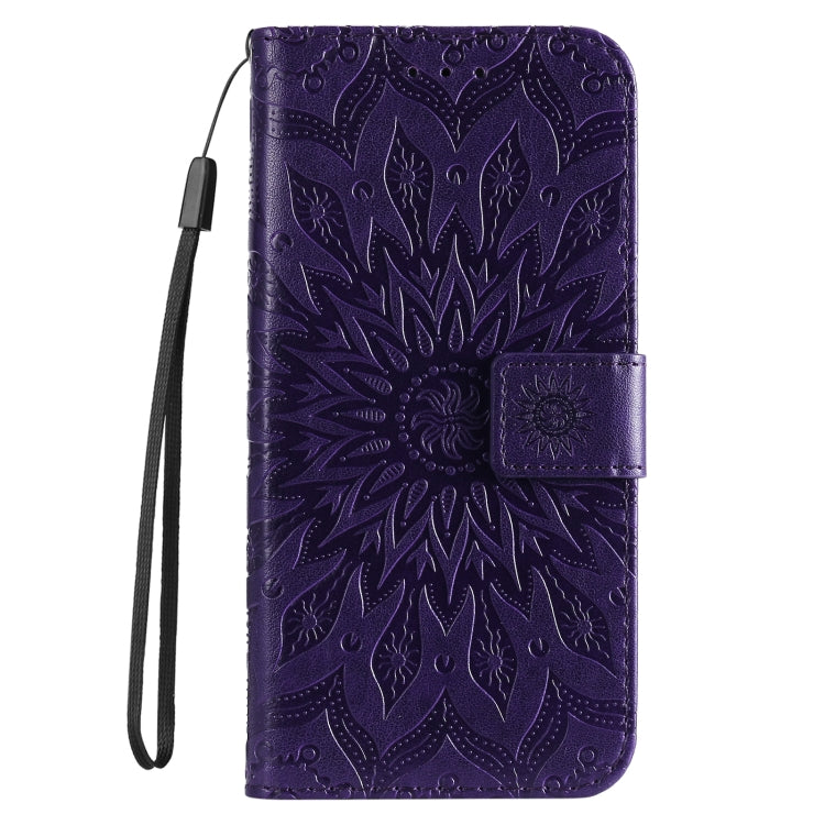 For iPhone 16e Embossed Sunflower Pattern Flip Leather Phone Case(Purple) by bashfashion