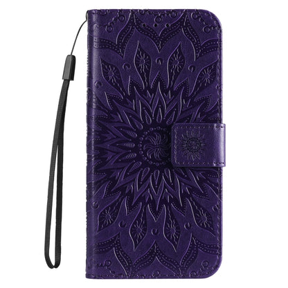For iPhone 16e Embossed Sunflower Pattern Flip Leather Phone Case(Purple) by bashfashion