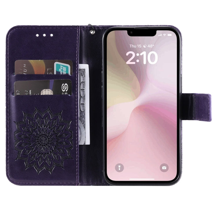 For iPhone 16e Embossed Sunflower Pattern Flip Leather Phone Case(Purple) by bashfashion