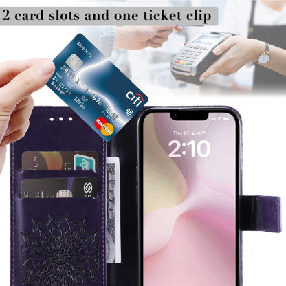 For iPhone 16e Embossed Sunflower Pattern Flip Leather Phone Case(Purple) by bashfashion