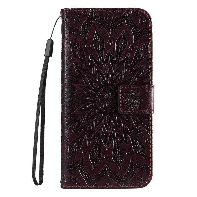 For iPhone 16e Embossed Sunflower Pattern Flip Leather Phone Case(Brown) by bashfashion