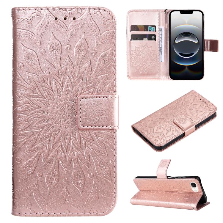 For iPhone 16e Embossed Sunflower Pattern Flip Leather Phone Case(Rose Gold) by bashfashion