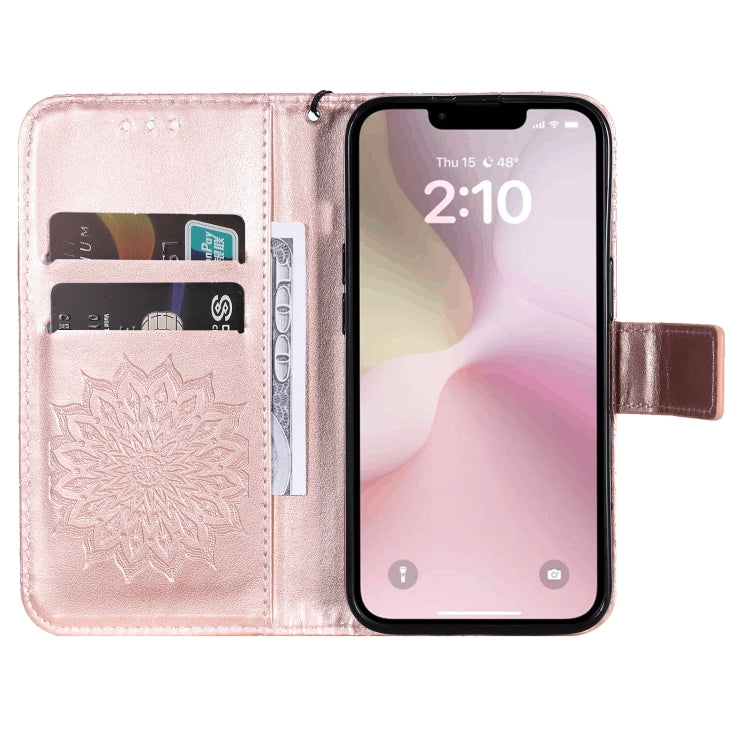 For iPhone 16e Embossed Sunflower Pattern Flip Leather Phone Case(Rose Gold) by bashfashion