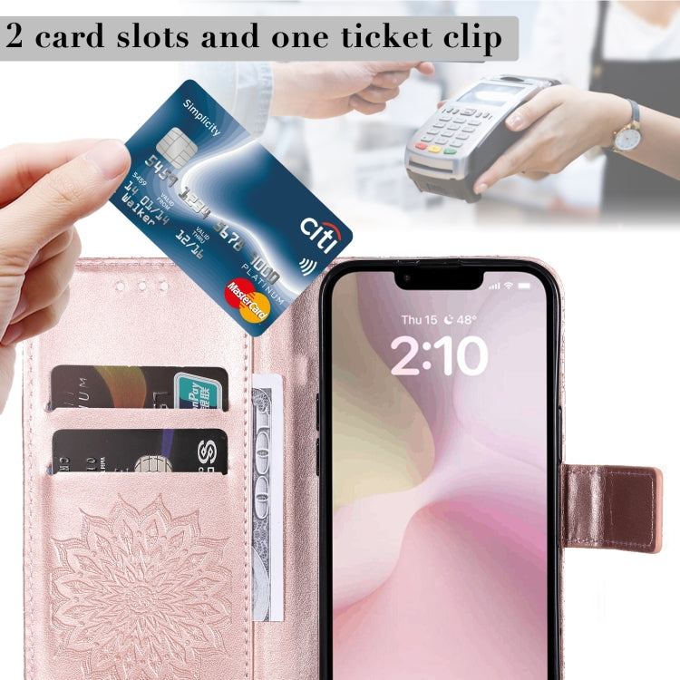 For iPhone 16e Embossed Sunflower Pattern Flip Leather Phone Case(Rose Gold) by bashfashion