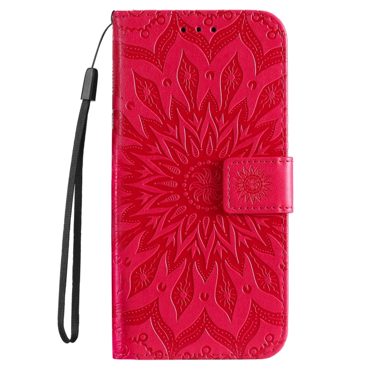 For iPhone 16e Embossed Sunflower Pattern Flip Leather Phone Case(Red) by bashfashion
