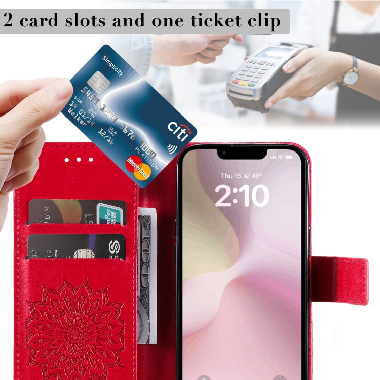 For iPhone 16e Embossed Sunflower Pattern Flip Leather Phone Case(Red) by bashfashion