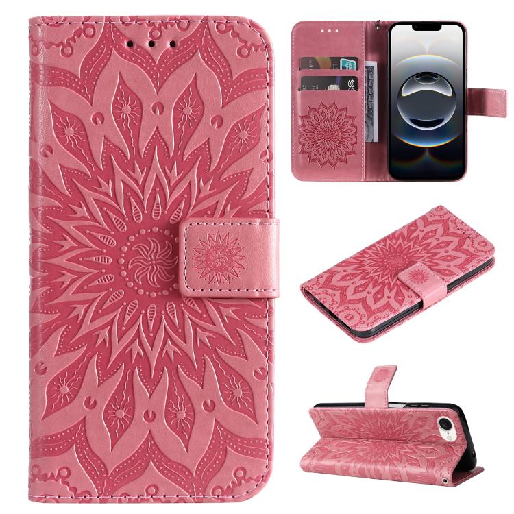 For iPhone 16e Embossed Sunflower Pattern Flip Leather Phone Case(Pink) by bashfashion