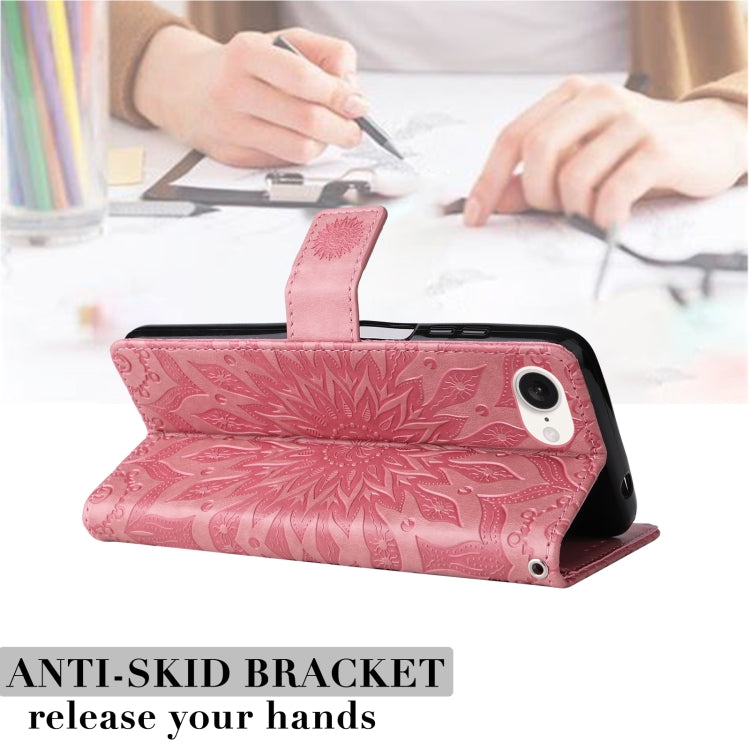 For iPhone 16e Embossed Sunflower Pattern Flip Leather Phone Case(Pink) by bashfashion