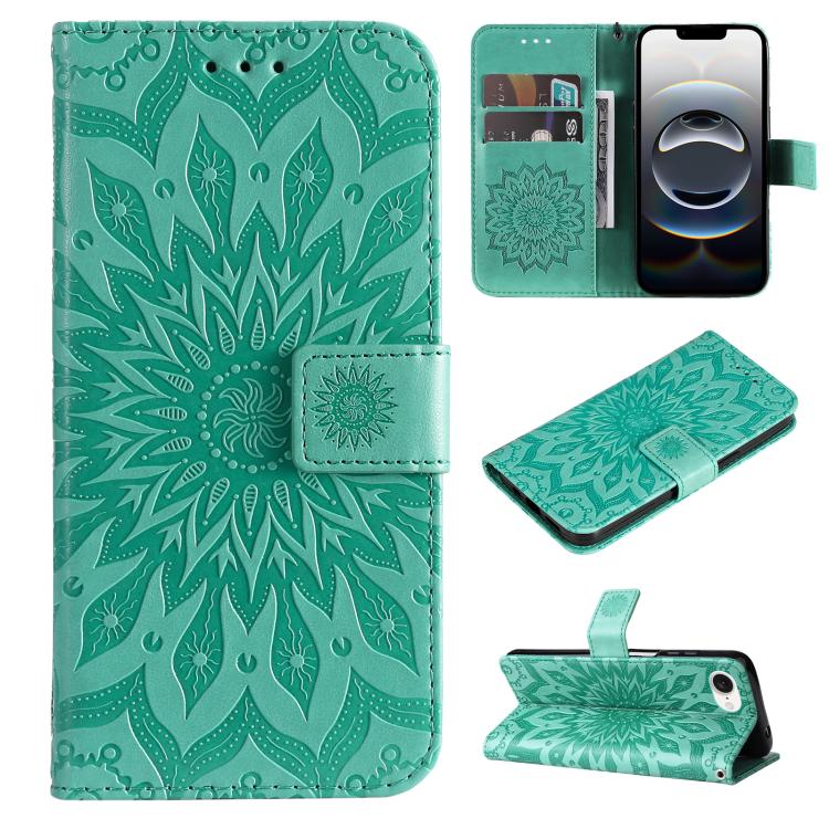For iPhone 16e Embossed Sunflower Pattern Flip Leather Phone Case(Green) by bashfashion