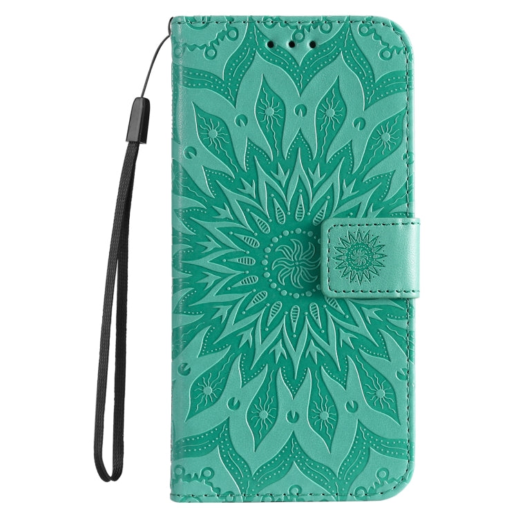 For iPhone 16e Embossed Sunflower Pattern Flip Leather Phone Case(Green) by bashfashion