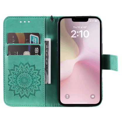 For iPhone 16e Embossed Sunflower Pattern Flip Leather Phone Case(Green) by bashfashion
