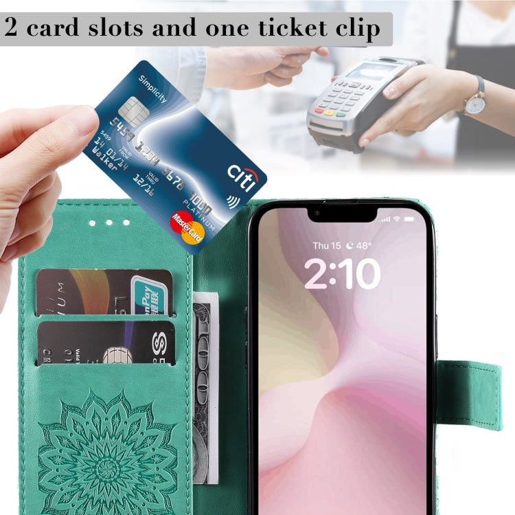 For iPhone 16e Embossed Sunflower Pattern Flip Leather Phone Case(Green) by bashfashion