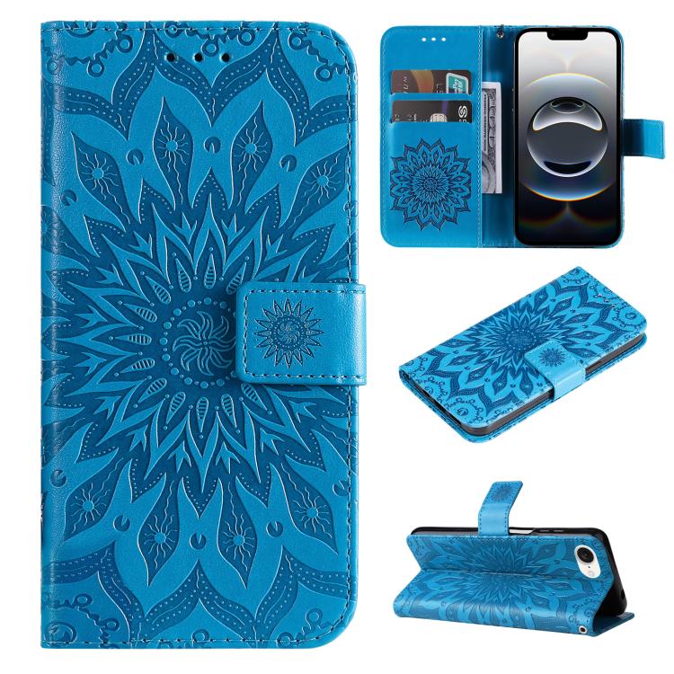 For iPhone 16e Embossed Sunflower Pattern Flip Leather Phone Case(Blue) by bashfashion