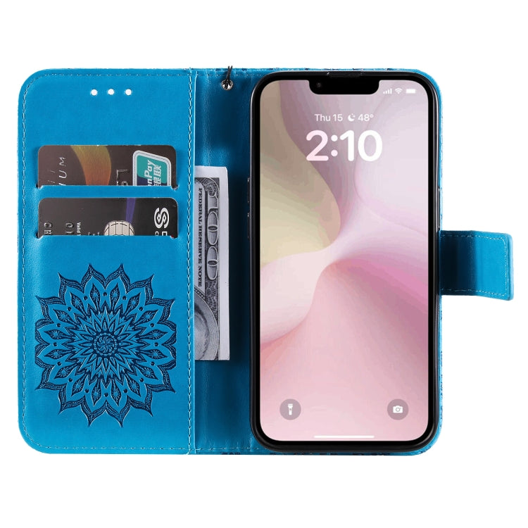For iPhone 16e Embossed Sunflower Pattern Flip Leather Phone Case(Blue) by bashfashion