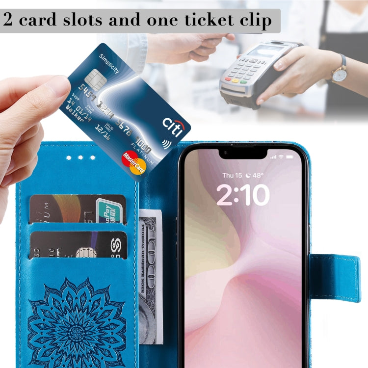 For iPhone 16e Embossed Sunflower Pattern Flip Leather Phone Case(Blue) by bashfashion