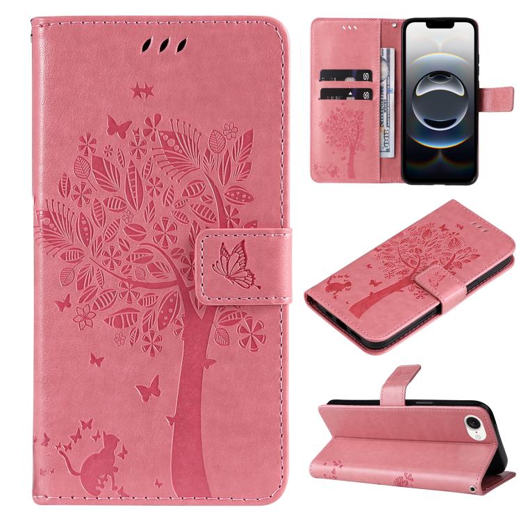 For iPhone 16e Tree & Cat Embossed Pattern Flip Leather Phone Case(Pink) by bashfashion