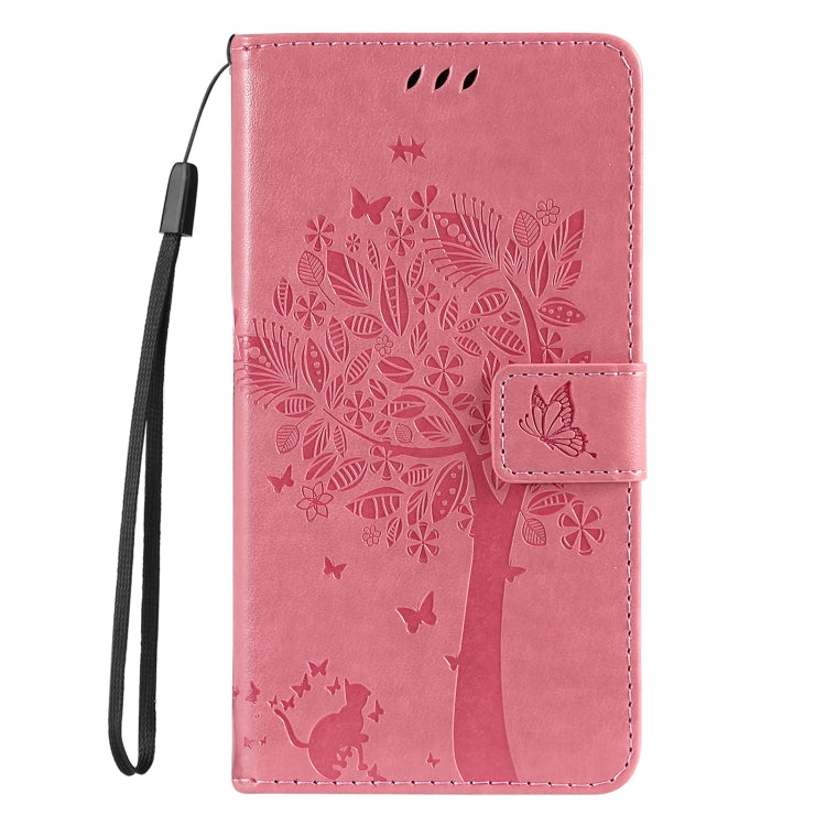 For iPhone 16e Tree & Cat Embossed Pattern Flip Leather Phone Case(Pink) by bashfashion