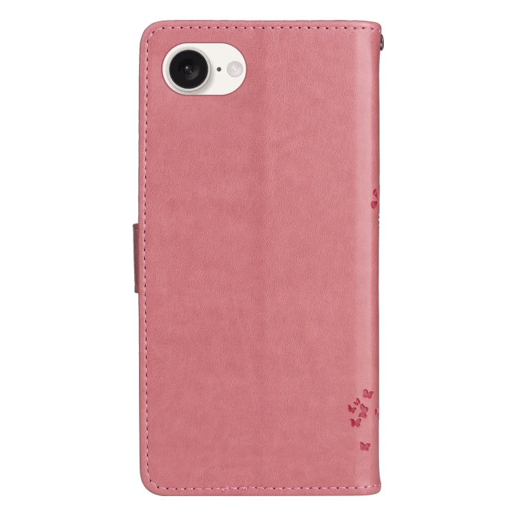 For iPhone 16e Tree & Cat Embossed Pattern Flip Leather Phone Case(Pink) by bashfashion