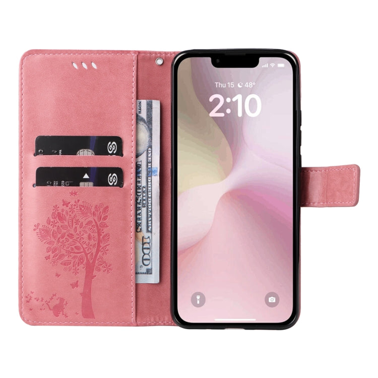 For iPhone 16e Tree & Cat Embossed Pattern Flip Leather Phone Case(Pink) by bashfashion