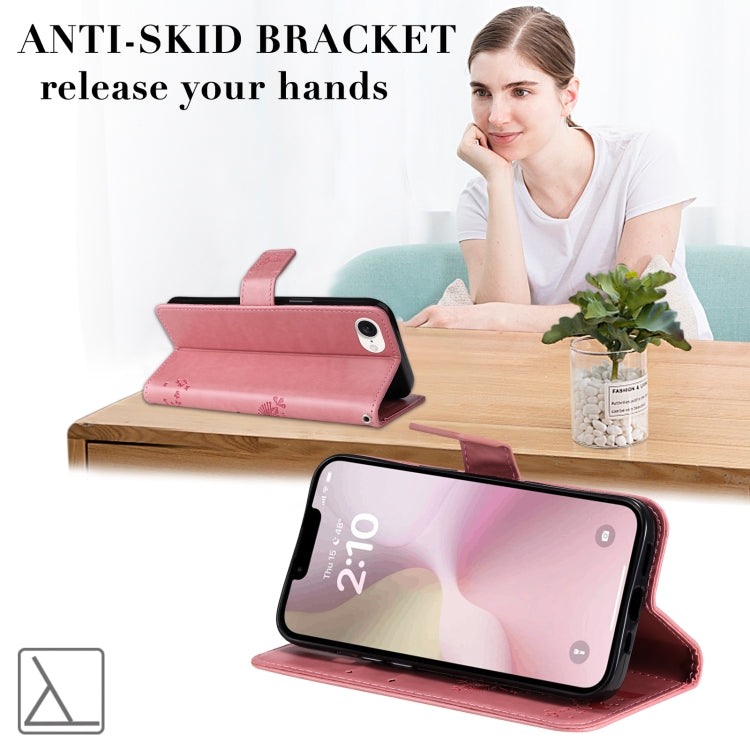 For iPhone 16e Tree & Cat Embossed Pattern Flip Leather Phone Case(Pink) by bashfashion