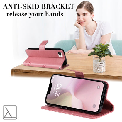 For iPhone 16e Tree & Cat Embossed Pattern Flip Leather Phone Case(Pink) by bashfashion