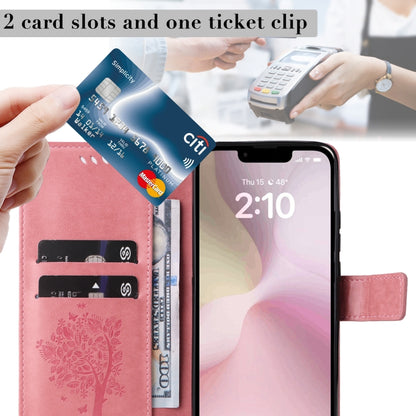 For iPhone 16e Tree & Cat Embossed Pattern Flip Leather Phone Case(Pink) by bashfashion