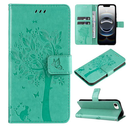 For iPhone 16e Tree & Cat Embossed Pattern Flip Leather Phone Case(Green) by bashfashion