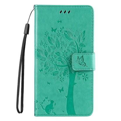 For iPhone 16e Tree & Cat Embossed Pattern Flip Leather Phone Case(Green) by bashfashion