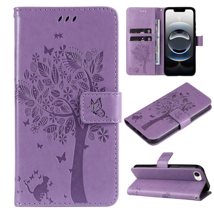 For iPhone 16e Tree & Cat Embossed Pattern Flip Leather Phone Case(Light Purple) by bashfashion