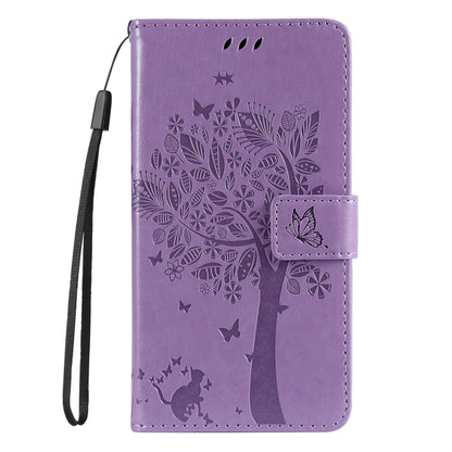 For iPhone 16e Tree & Cat Embossed Pattern Flip Leather Phone Case(Light Purple) by bashfashion