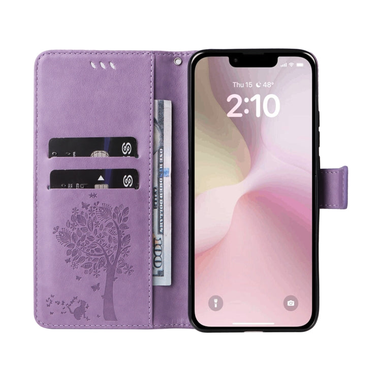 For iPhone 16e Tree & Cat Embossed Pattern Flip Leather Phone Case(Light Purple) by bashfashion