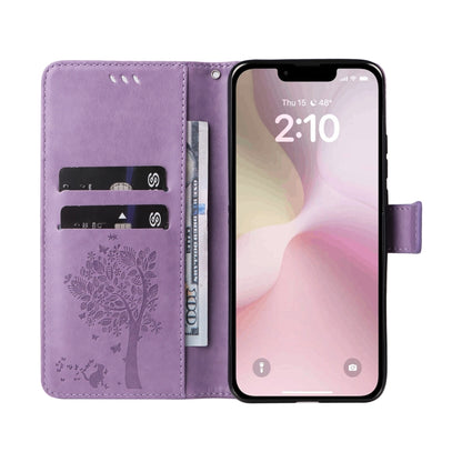 For iPhone 16e Tree & Cat Embossed Pattern Flip Leather Phone Case(Light Purple) by bashfashion