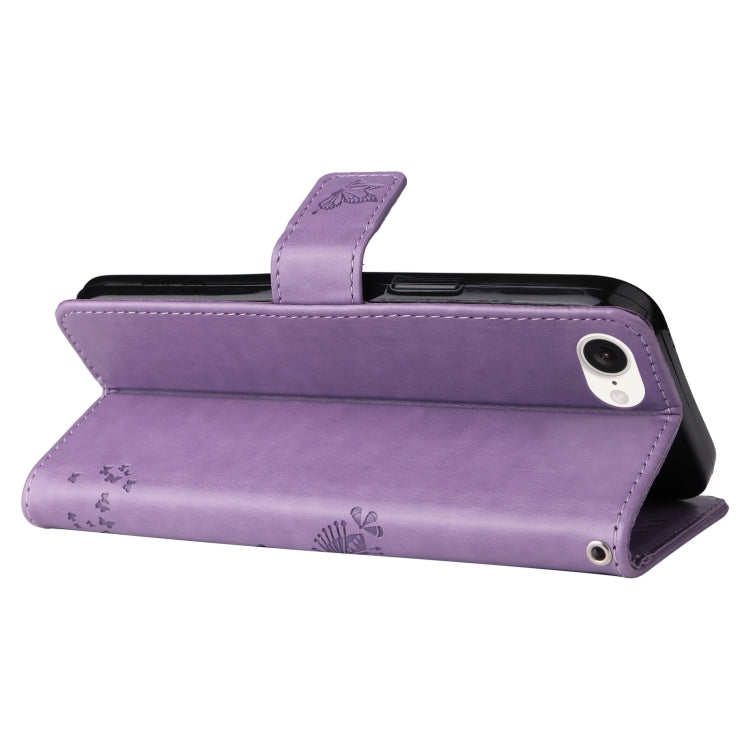 For iPhone 16e Tree & Cat Embossed Pattern Flip Leather Phone Case(Light Purple) by bashfashion