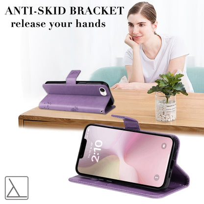 For iPhone 16e Tree & Cat Embossed Pattern Flip Leather Phone Case(Light Purple) by bashfashion