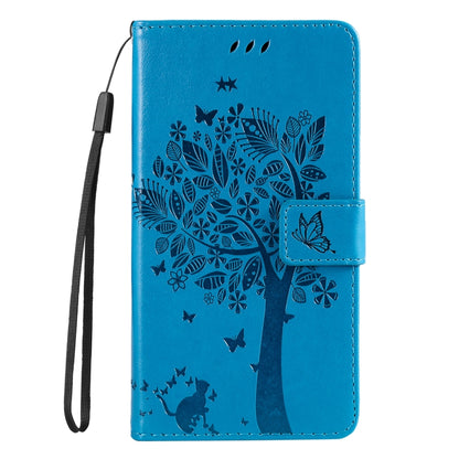 For iPhone 16e Tree & Cat Embossed Pattern Flip Leather Phone Case(Blue) by bashfashion