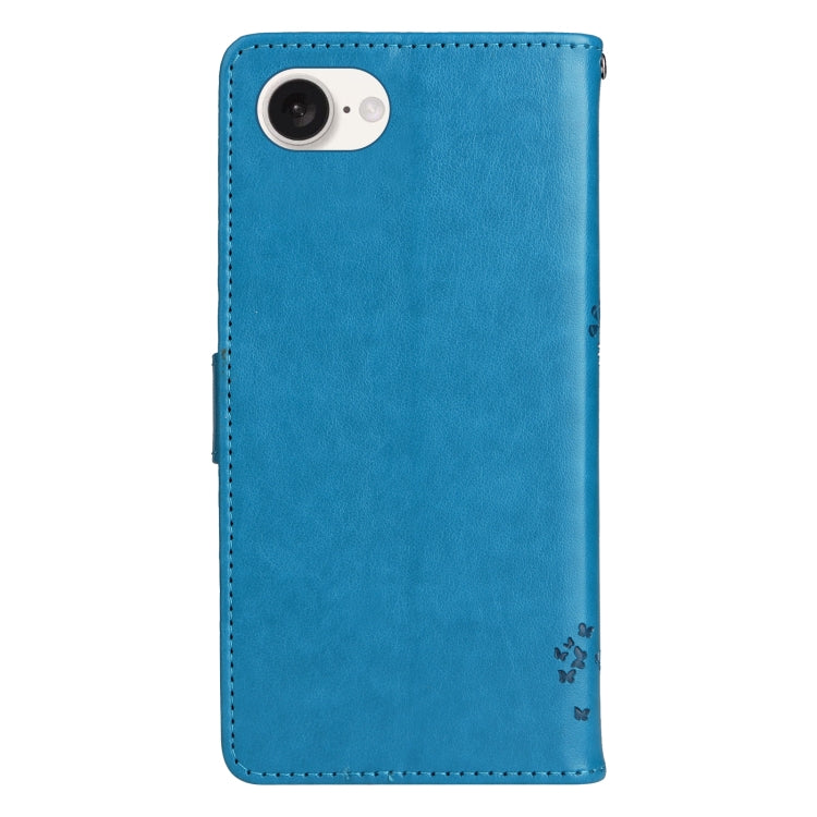 For iPhone 16e Tree & Cat Embossed Pattern Flip Leather Phone Case(Blue) by bashfashion