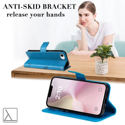 For iPhone 16e Tree & Cat Embossed Pattern Flip Leather Phone Case(Blue) by bashfashion