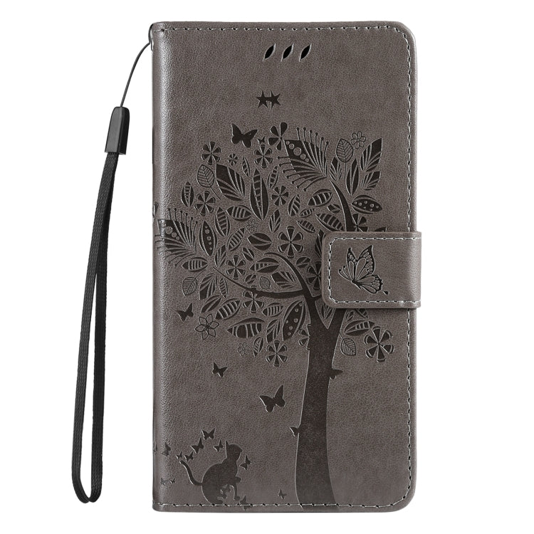 For iPhone 16e Tree & Cat Embossed Pattern Flip Leather Phone Case(Grey) by bashfashion