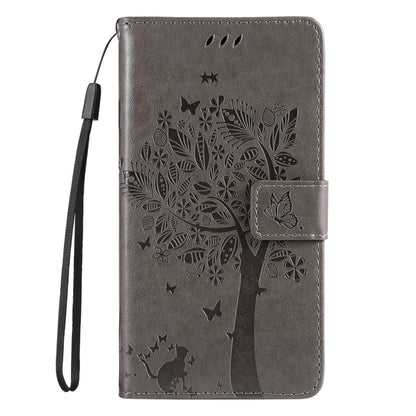 For iPhone 16e Tree & Cat Embossed Pattern Flip Leather Phone Case(Grey) by bashfashion