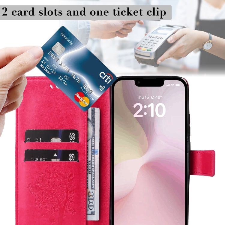 For iPhone 16e Tree & Cat Embossed Pattern Flip Leather Phone Case(Rose Red) by bashfashion