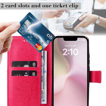 For iPhone 16e Tree & Cat Embossed Pattern Flip Leather Phone Case(Rose Red) by bashfashion