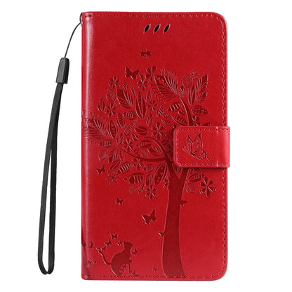 For iPhone 16e Tree & Cat Embossed Pattern Flip Leather Phone Case(Red) by bashfashion