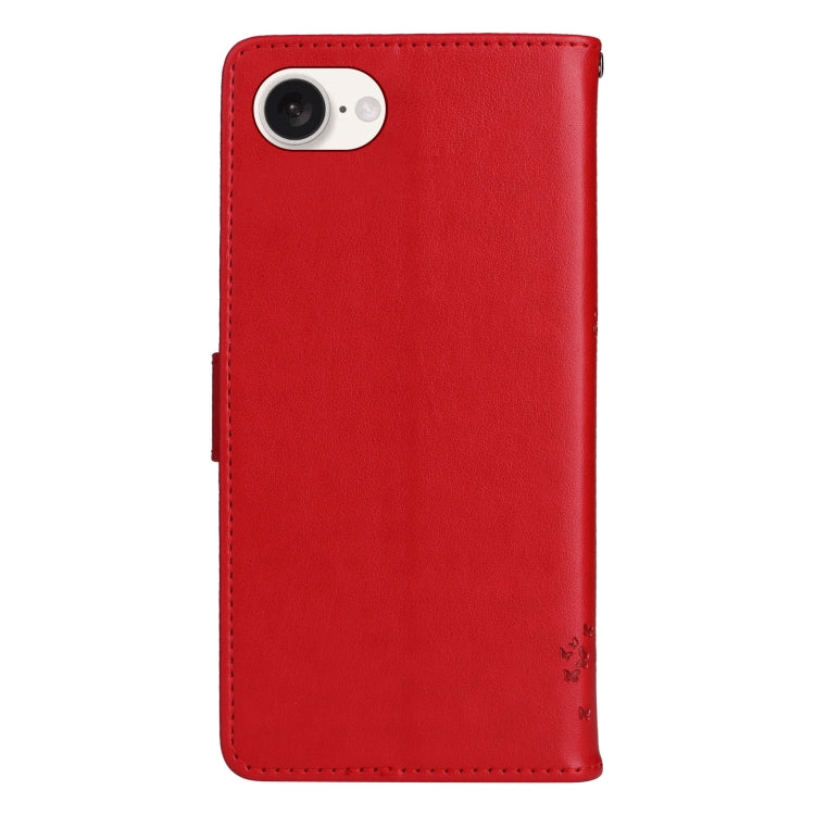 For iPhone 16e Tree & Cat Embossed Pattern Flip Leather Phone Case(Red) by bashfashion