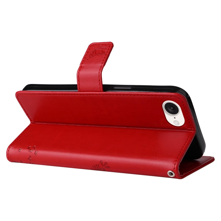 For iPhone 16e Tree & Cat Embossed Pattern Flip Leather Phone Case(Red) by bashfashion