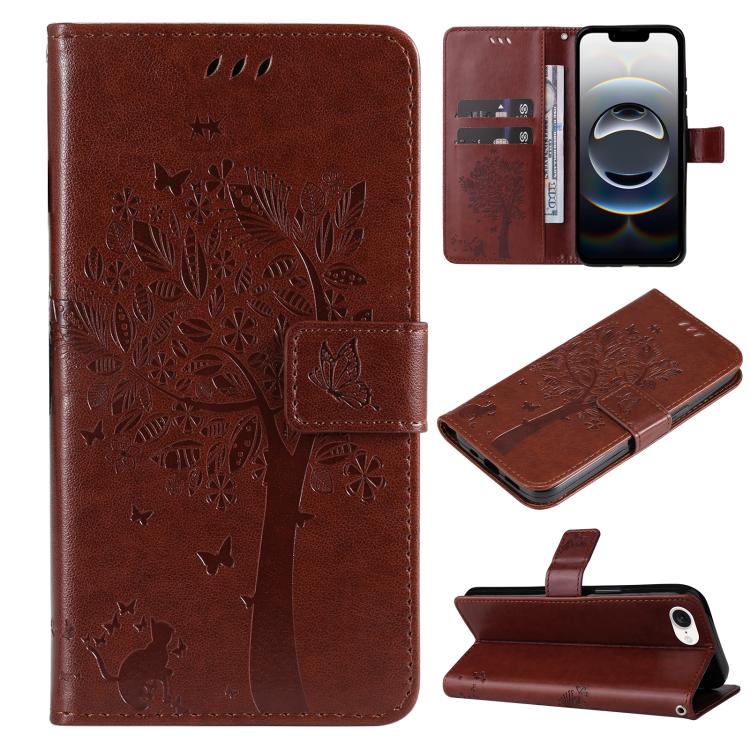 For iPhone 16e Tree & Cat Embossed Pattern Flip Leather Phone Case(Coffee) by bashfashion