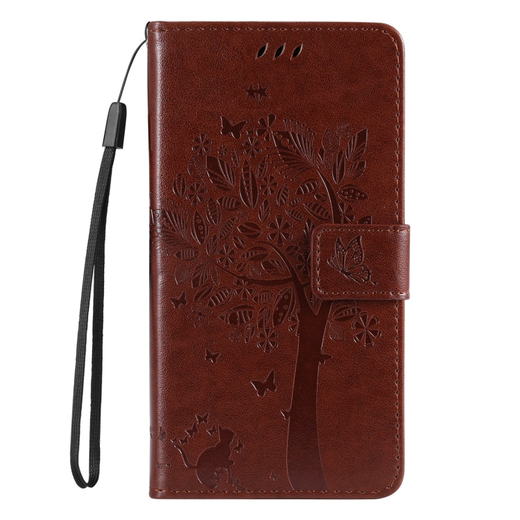 For iPhone 16e Tree & Cat Embossed Pattern Flip Leather Phone Case(Coffee) by bashfashion