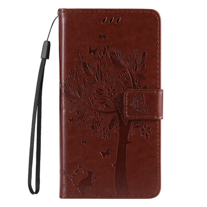 For iPhone 16e Tree & Cat Embossed Pattern Flip Leather Phone Case(Coffee) by bashfashion